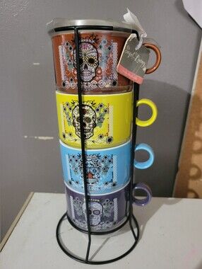 Stacked Skull Print Ceramic Mug Set - Brown, Yellow, Blue, Purple